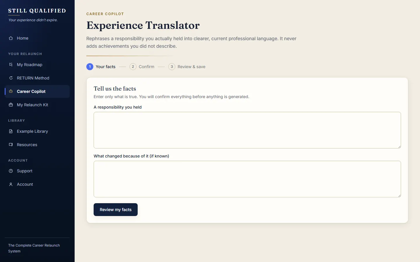 The Experience Translator Career Copilot tool collecting the facts you provide, before any draft is generated.