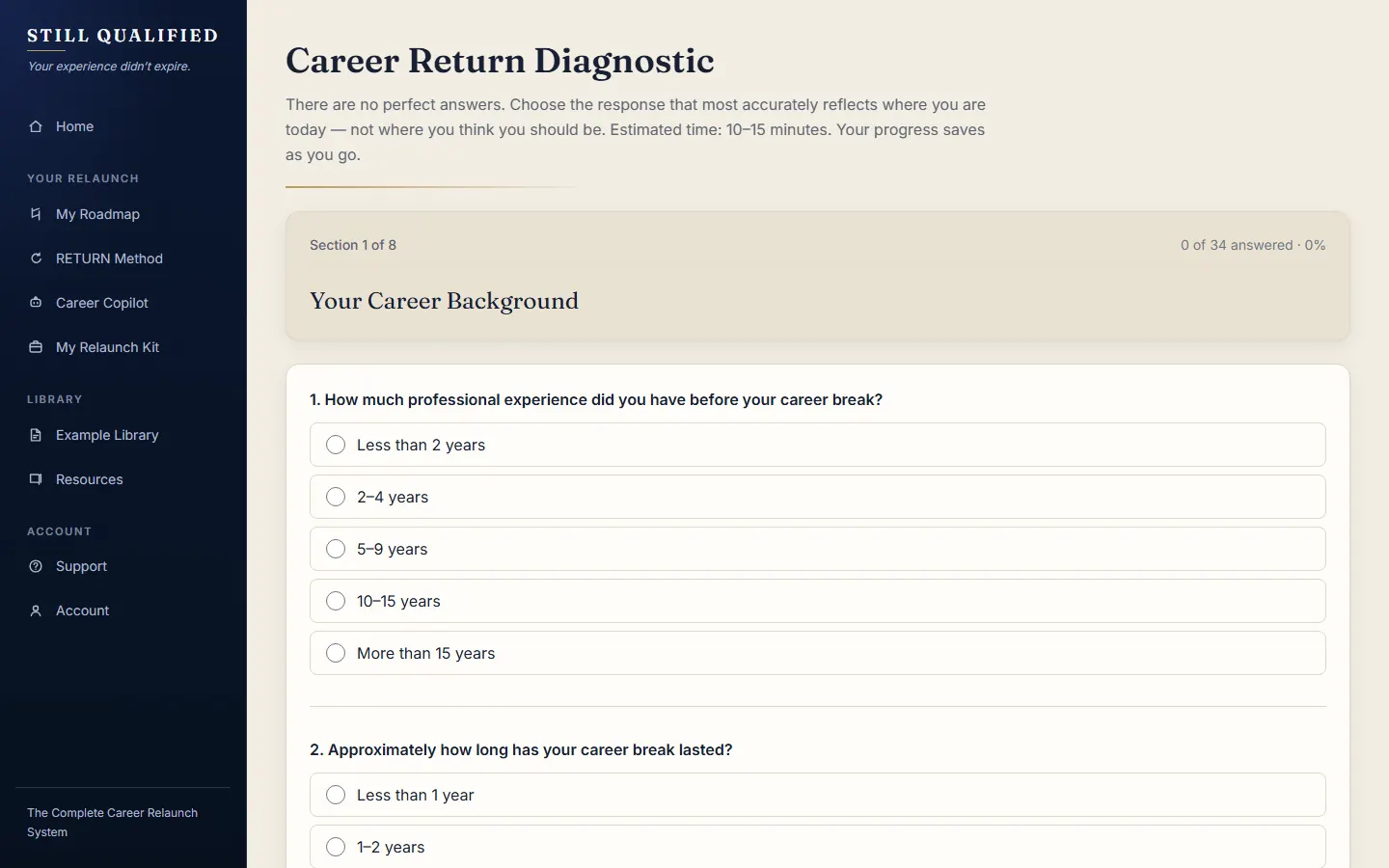 The Career Return Diagnostic: a multiple-choice question in section 1 of 8, with a “0 of 34 answered” progress indicator.