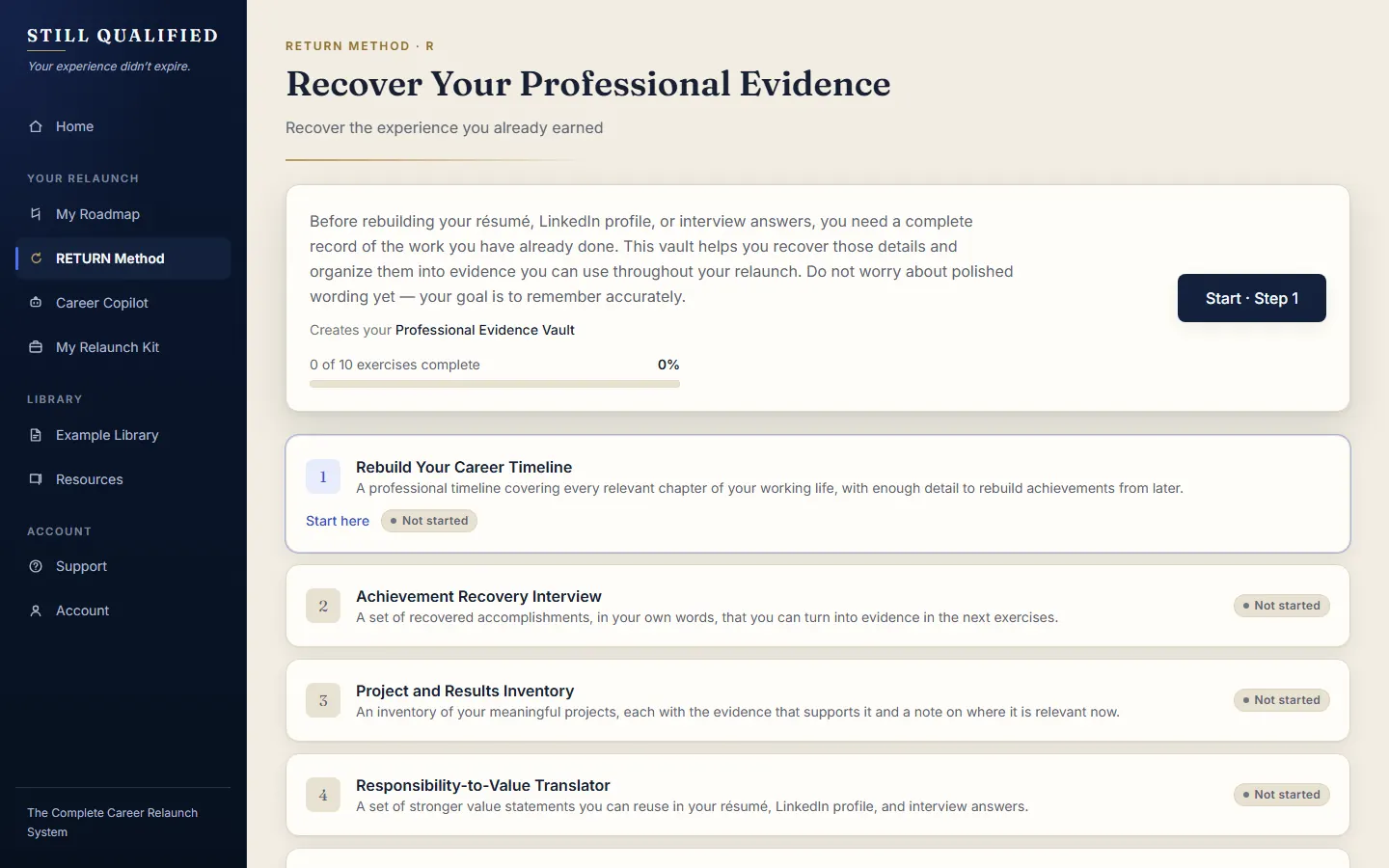 The Recover module overview listing its guided exercises with a “0 of 10 complete” progress bar.