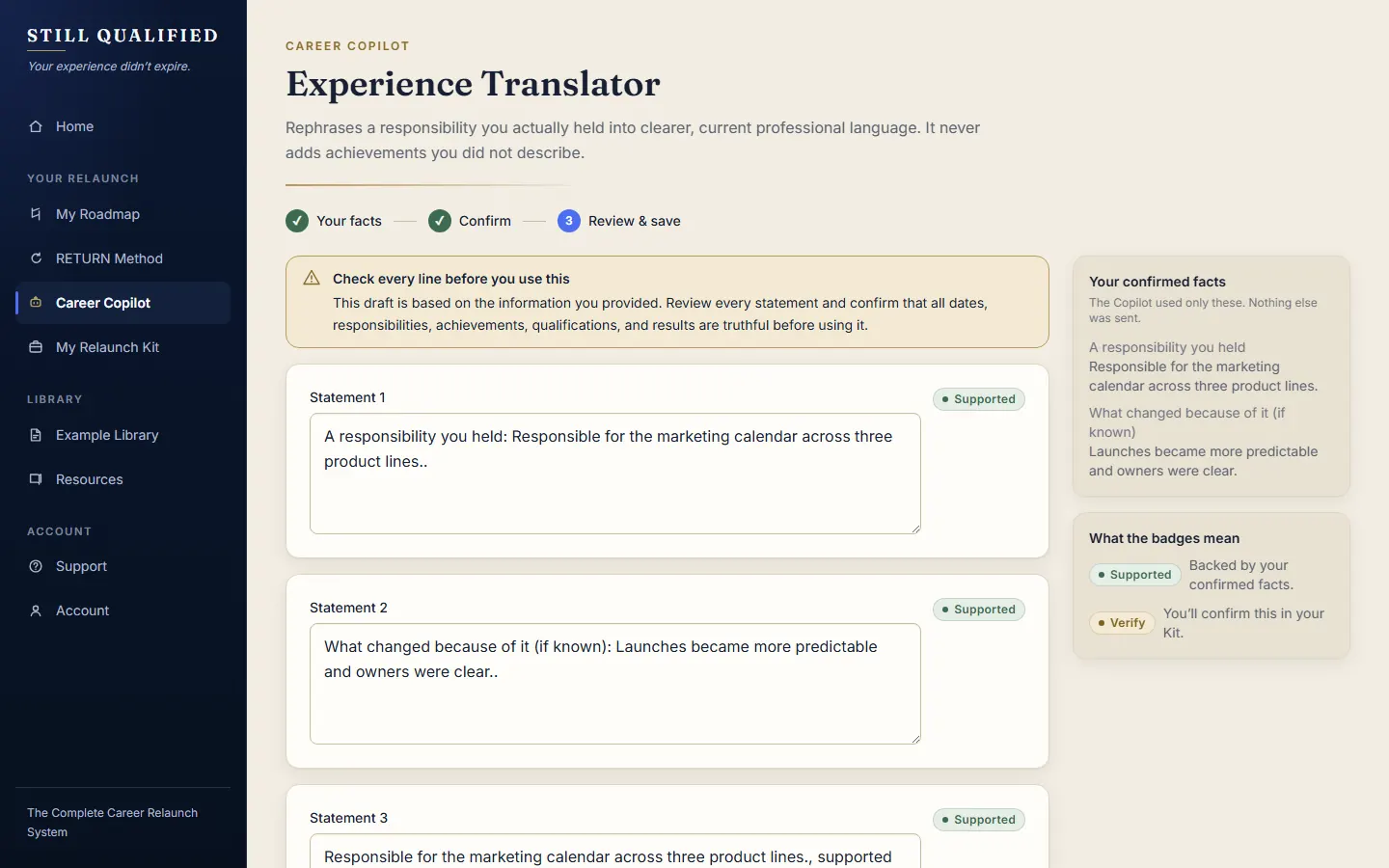 A Career Copilot draft in the review step, each statement marked with a provenance badge and a legend explaining the Supported and Verify states.