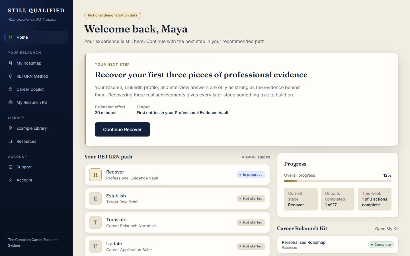 The relaunch home showing the recommended next step, the RETURN path with per-stage status, and overall progress.
